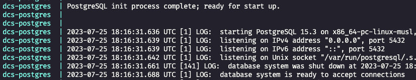 Log do PostgreSQL 15.3 pronto para conexões na porta 5432