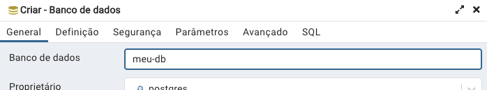Diálogo de criação do banco meu-db no pgAdmin