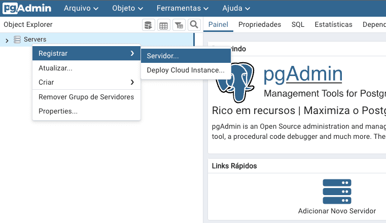 Menu registrar um novo servidor PostgreSQL