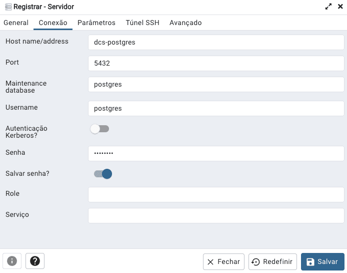 Aba conexão - Registrando um novo servidor PostgreSQL