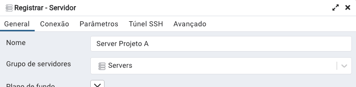 Aba general - Registrando um novo servidor PostgreSQL